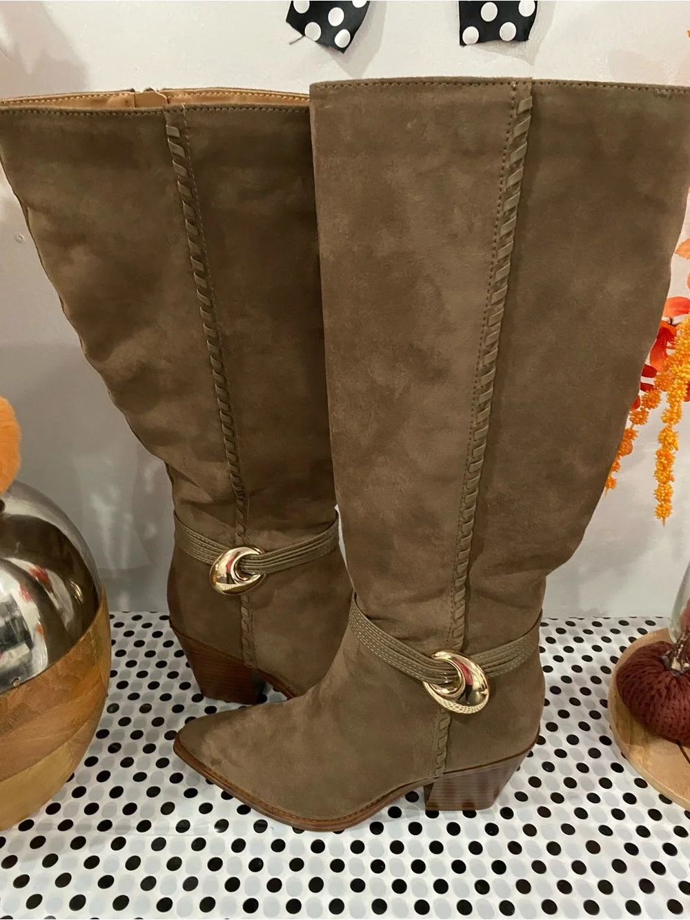 Brown Suede Women's Tall Boot with Gold Accent Size 8